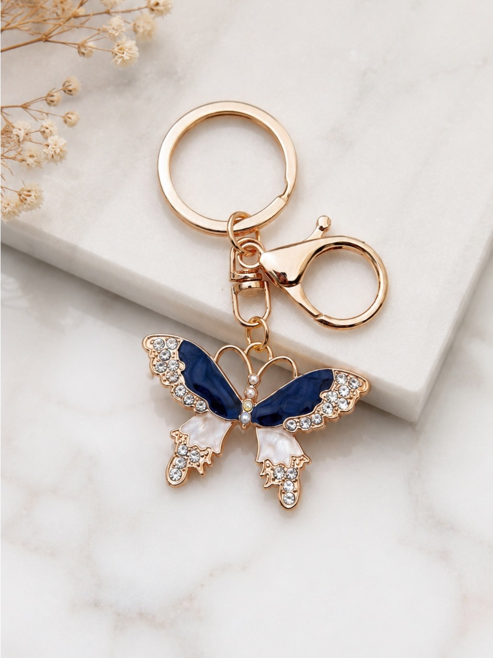 Gold Butterfly Keychain with Navy and White Enamel
